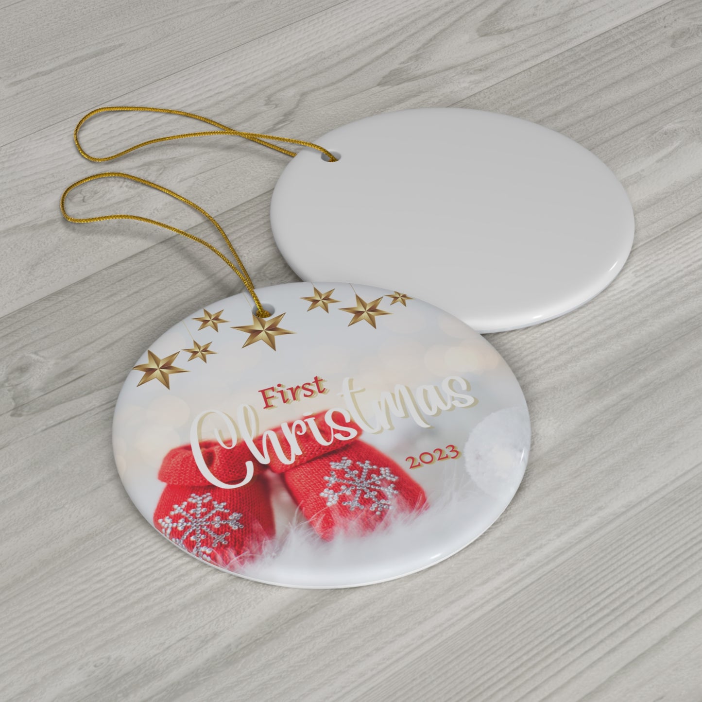 Baby's 1st Christmas Ornament, Baby Booties with Snowflakes: Ceramic Glossy Finish for Baby's First Christmas this 2023 holiday season!