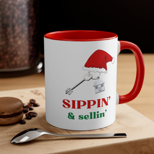 Sippin' & Sellin' Santa Hat on House with Key Holiday theme Christmas Gift Coffee Mug, 11oz in eye-catching 2-tone color scheme