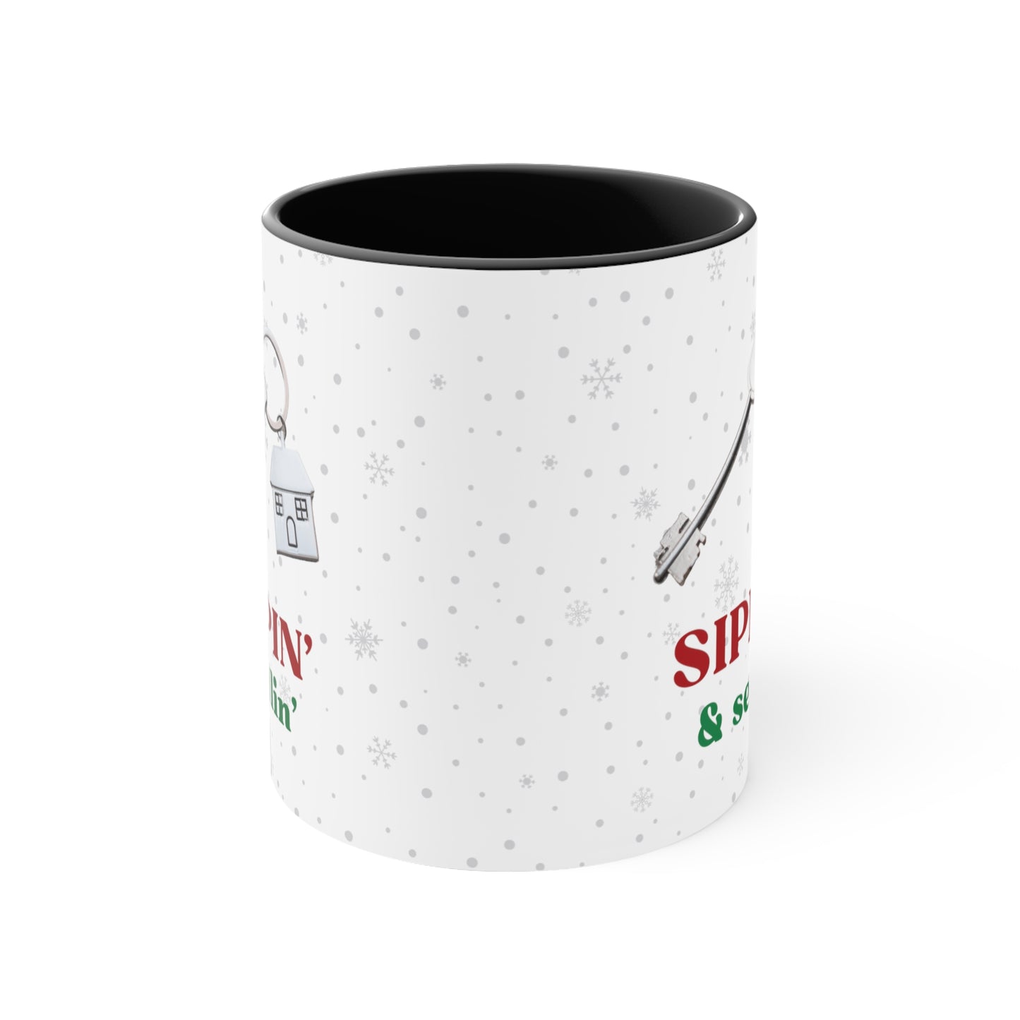 Sippin' & Sellin' House with Key, Snowflake Holiday theme Christmas Gift Coffee Mug, 11oz in eye-catching 2-tone color scheme