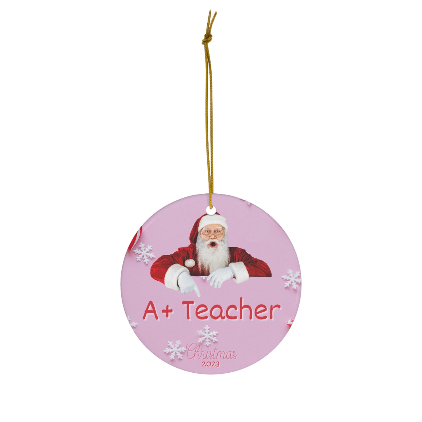 A+ Teacher Christmas Ornament SANTA Candy Cane Accent in Ceramic for Best Teacher Ever Gift this 2023 holiday season!