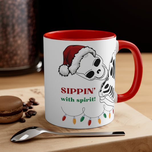 Sippin' with Spirit Skeleton in Santa Hat Color Lights Holiday theme Christmas Gift Coffee Mug, 11oz in eye-catching 2-tone color scheme