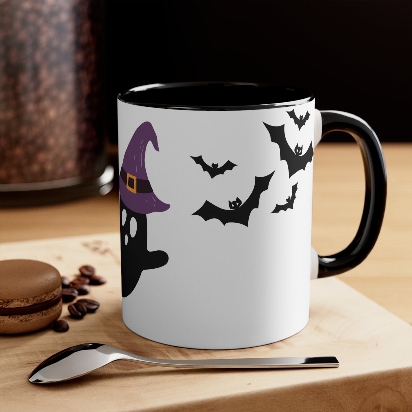 BOO BREW - Spider, Ghost & Bats - Halloween theme Coffee Mug, 11oz with comfortable C-handle in eye-catching 2-tone color scheme