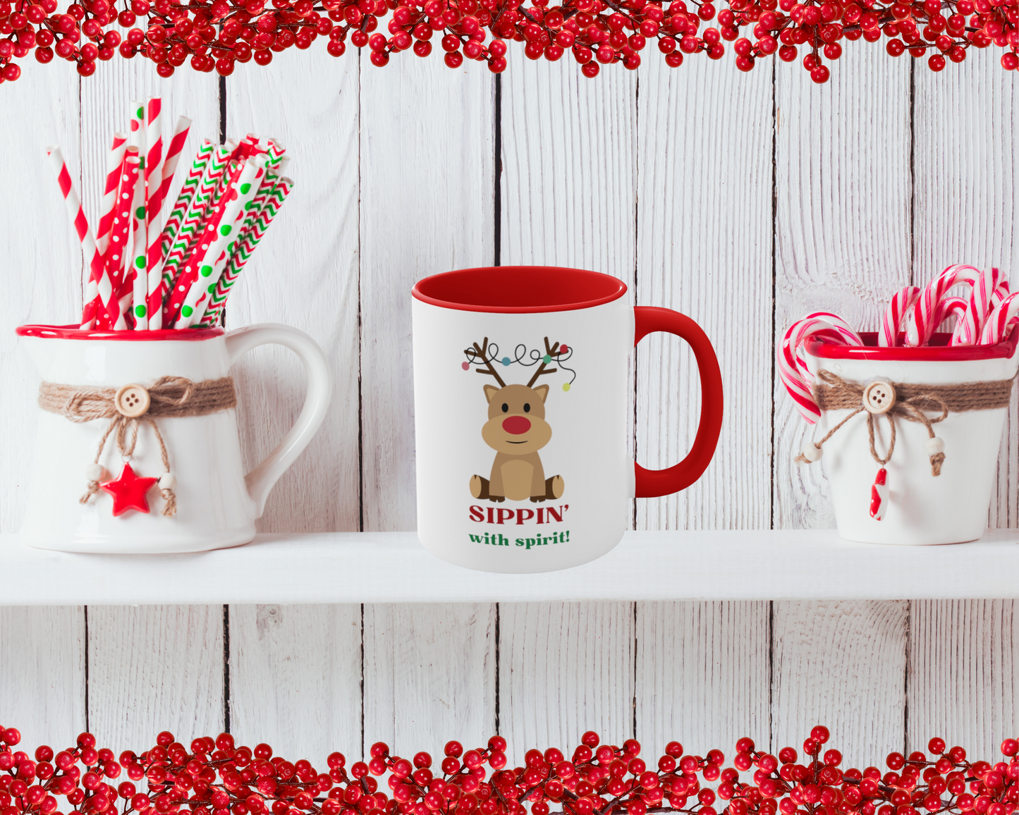 Sippin' with Spirit Red Nosed Reindeer Color Lights Holiday theme Christmas Gift Coffee Mug, 11oz in eye-catching 2-tone color scheme