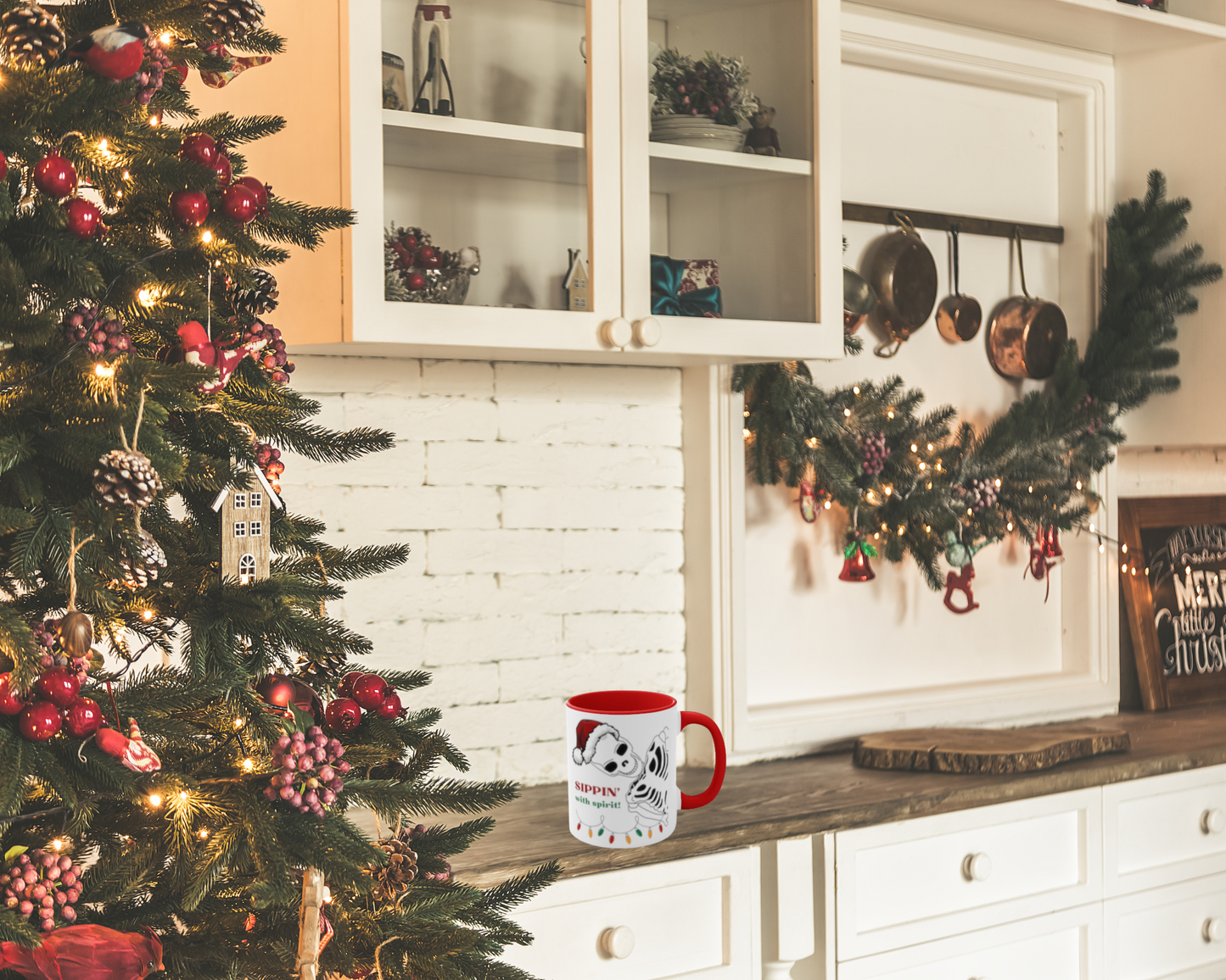 Sippin' with Spirit Skeleton in Santa Hat Color Lights Holiday theme Christmas Gift Coffee Mug, 11oz in eye-catching 2-tone color scheme
