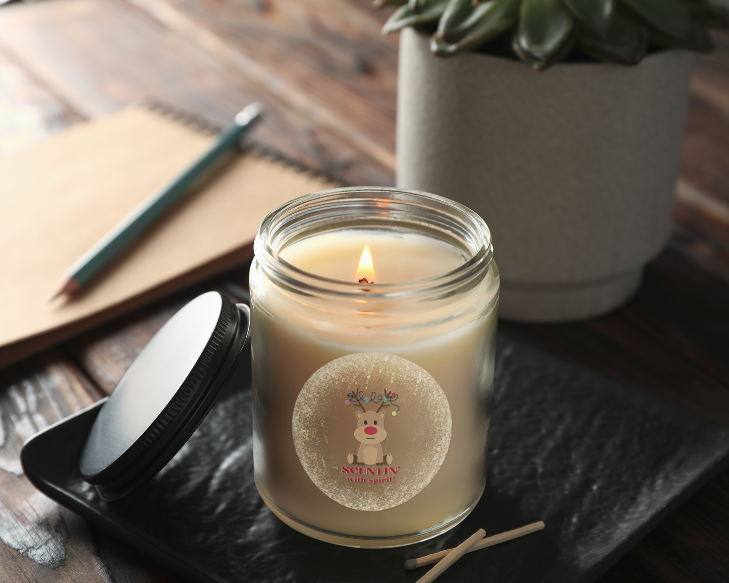 Red Nosed Reindeer "Scentin' with spirit" Christmas theme Scented Soy Candle, 9oz, in 2 Scents to choose from: Apple Harvest & Cinnamon Vanilla
