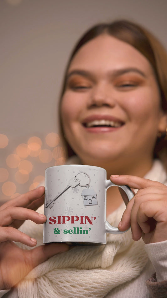 Sippin' & Sellin' House with Key, Snowflake Holiday theme Christmas Gift Coffee Mug, 11oz in eye-catching 2-tone color scheme